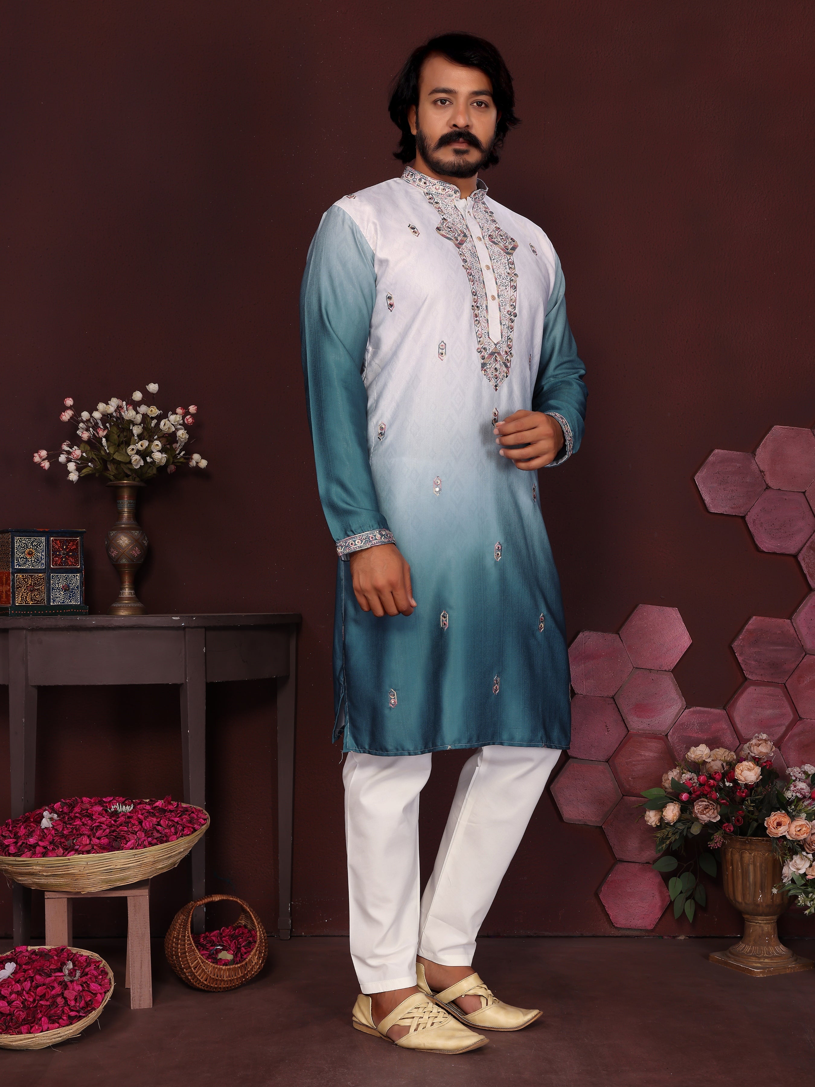 Jyoti Fashion Men's Teal Sequins Embroidered Kurta with Pajama