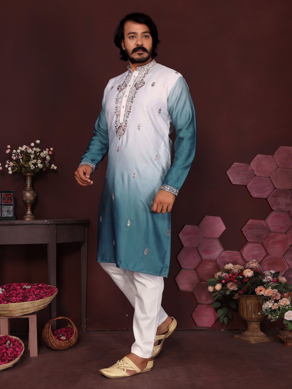 Jyoti Fashion Men's Teal Sequins Embroidered Kurta with Pajama
