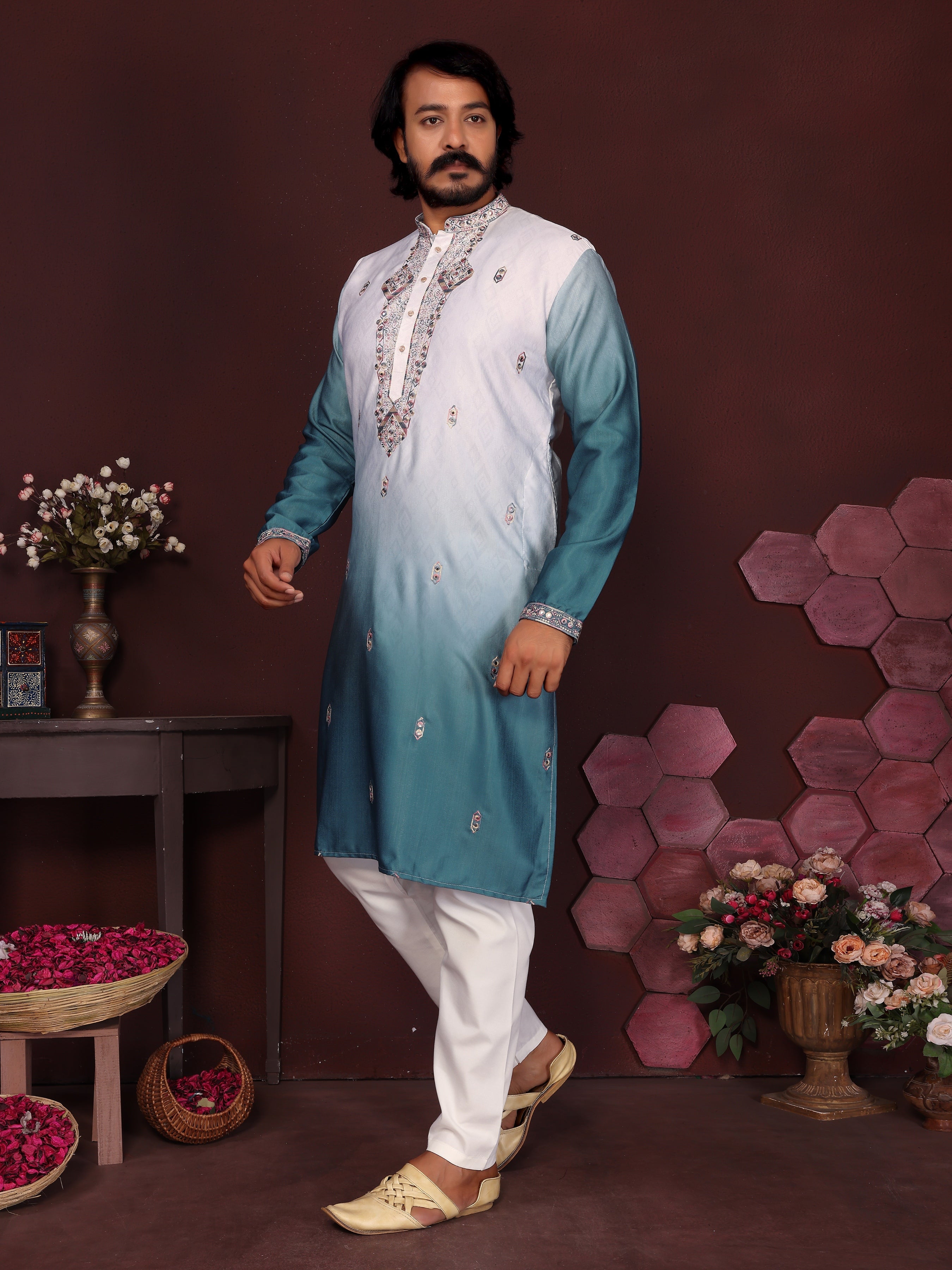Jyoti Fashion Men's Teal Sequins Embroidered Kurta with Pajama