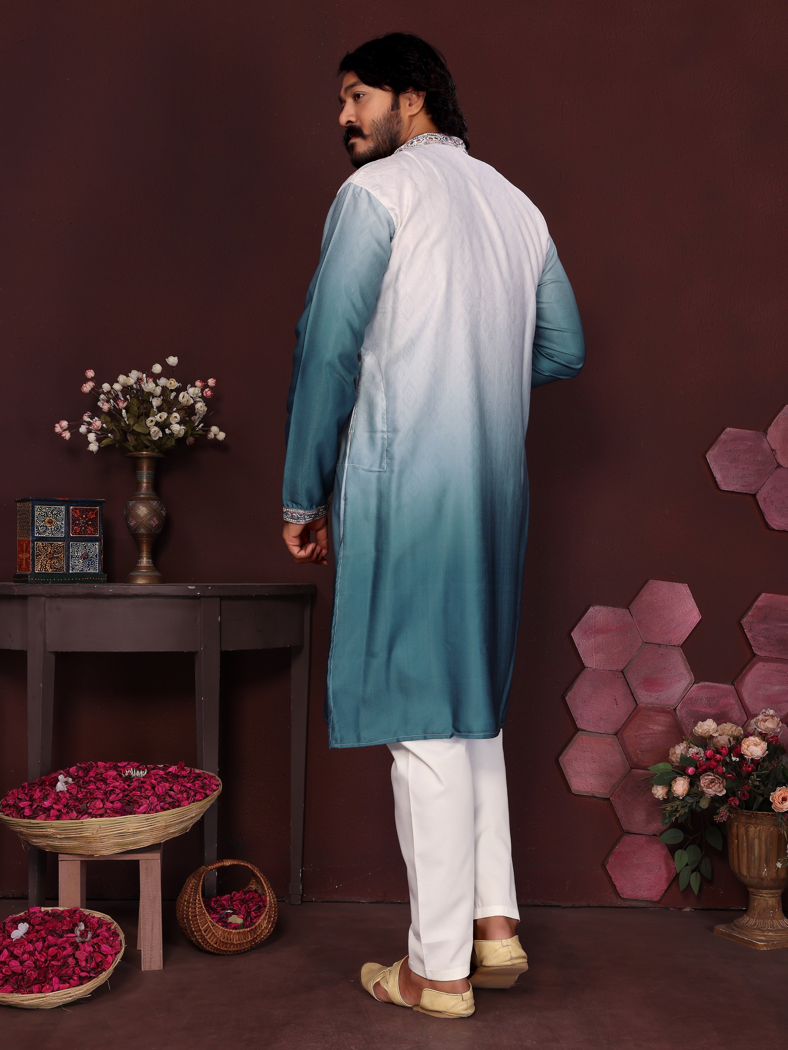 Jyoti Fashion Men's Teal Sequins Embroidered Kurta with Pajama