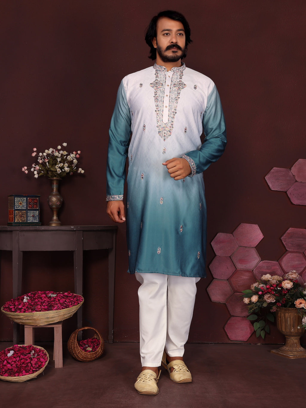 Jyoti Fashion Men's Teal Sequins Embroidered Kurta with Pajama