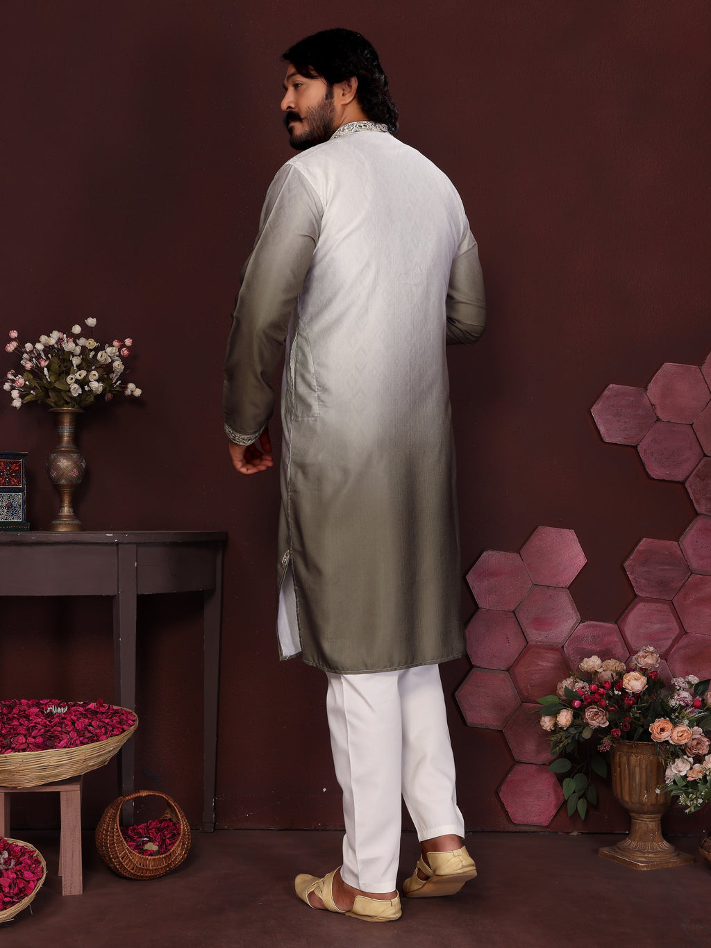 Jyoti Fashion Men's Mehendi Sequins Embroidered Kurta with Pajama