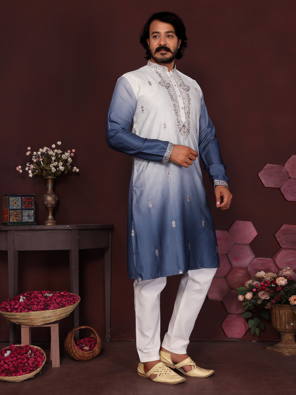 Jyoti Fashion Men's Blue Sequins Embroidered Kurta with Pajama