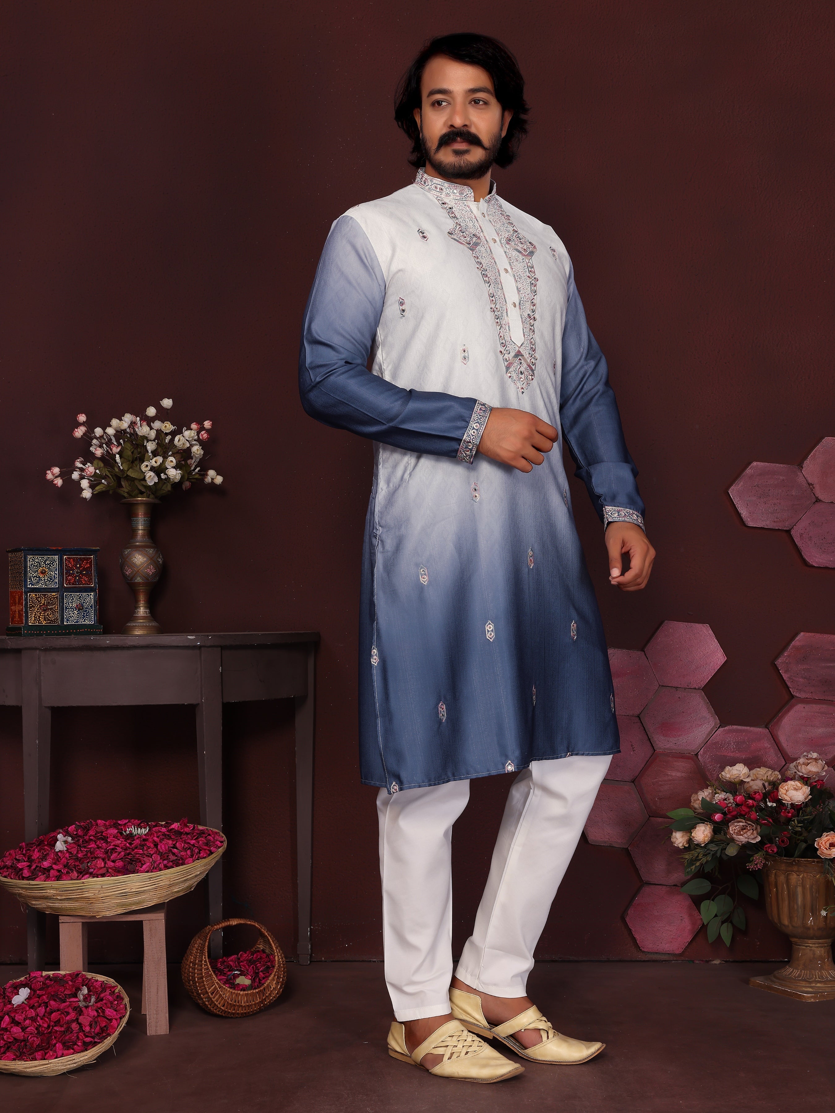 Jyoti Fashion Men's Blue Sequins Embroidered Kurta with Pajama