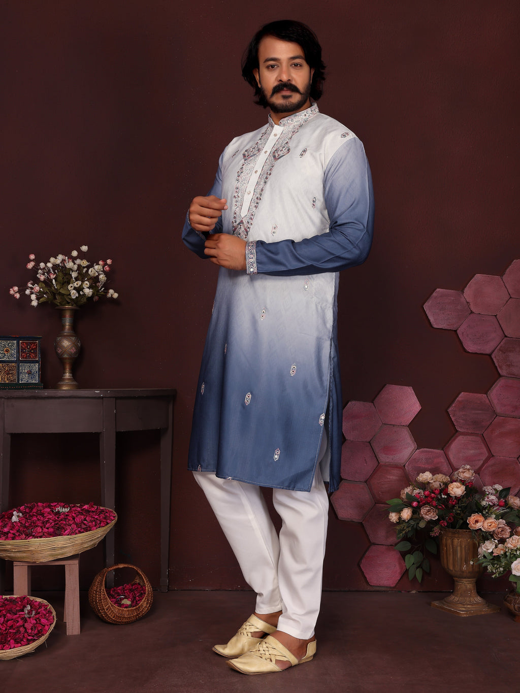 Jyoti Fashion Men's Blue Sequins Embroidered Kurta with Pajama
