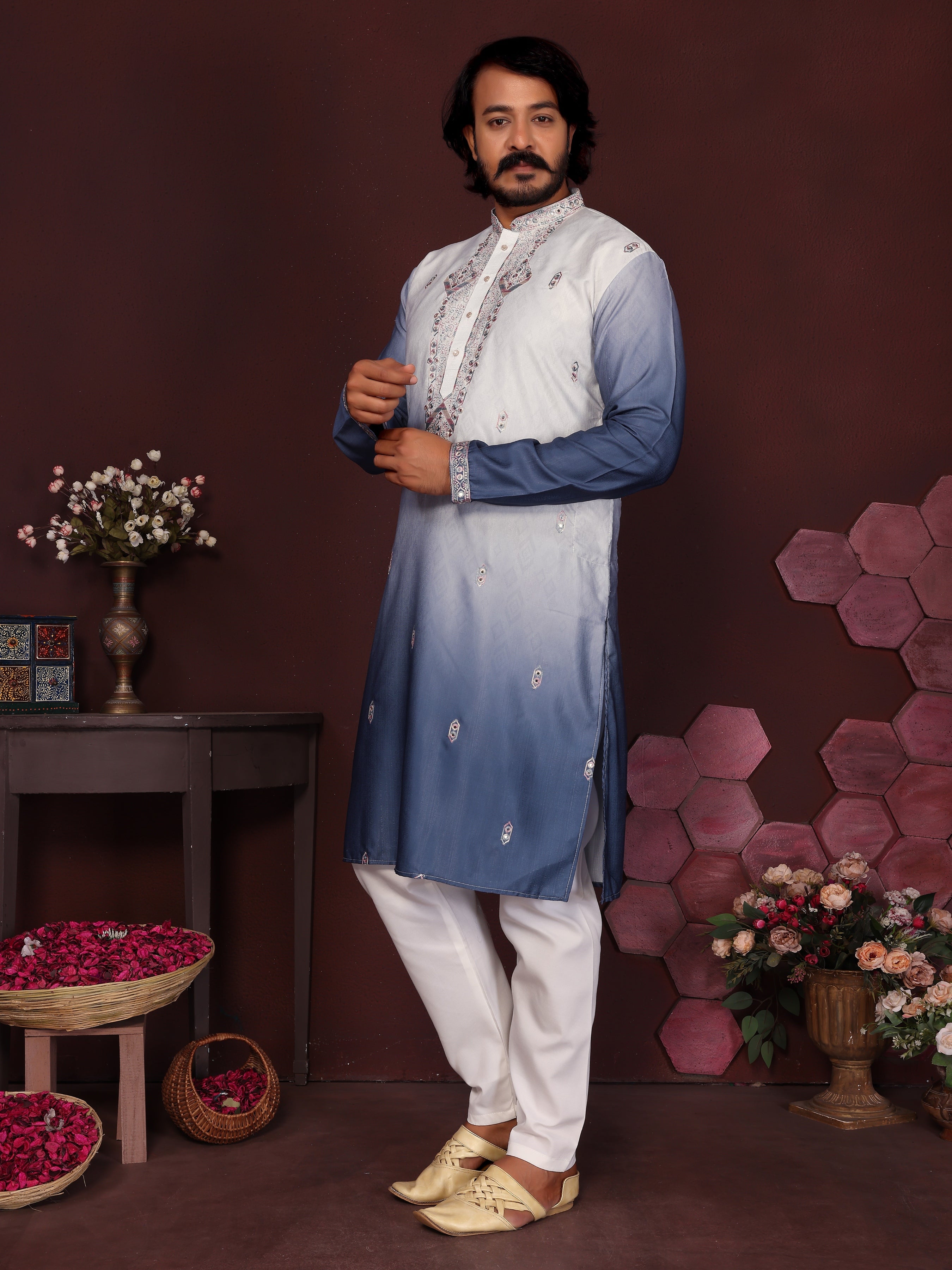 Jyoti Fashion Men's Blue Sequins Embroidered Kurta with Pajama