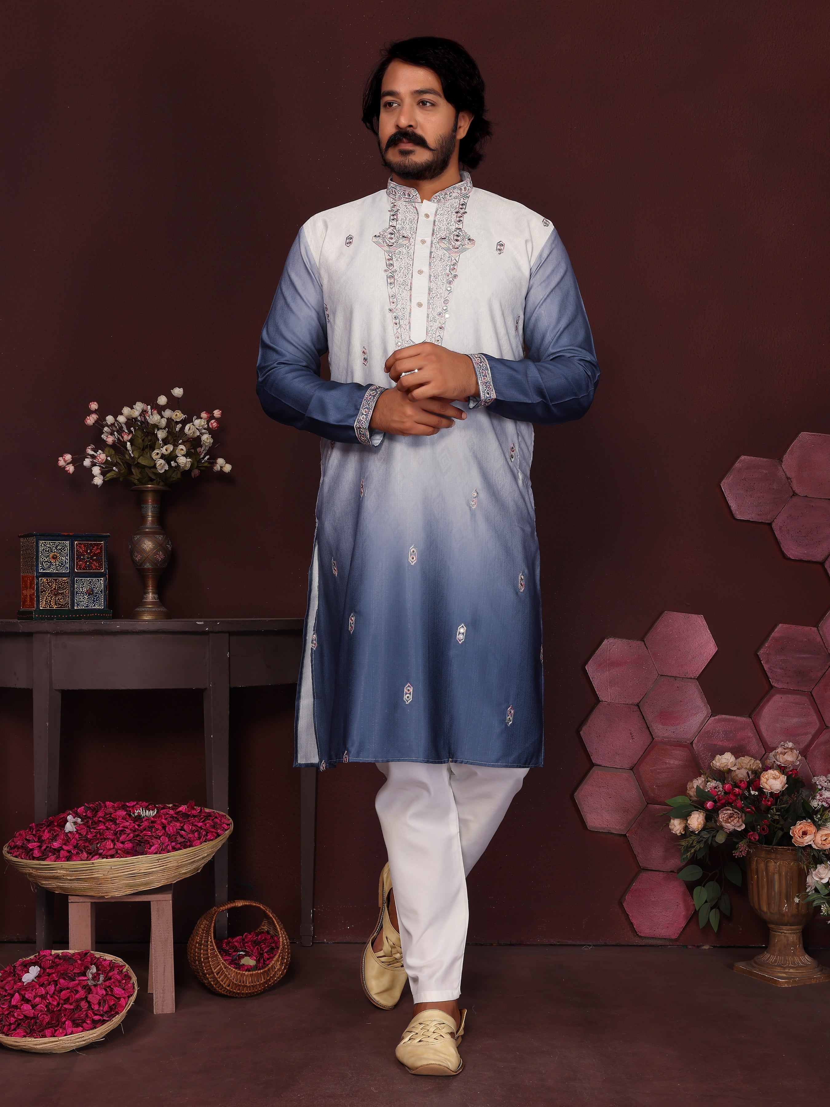 Jyoti Fashion Men's Blue Sequins Embroidered Kurta with Pajama