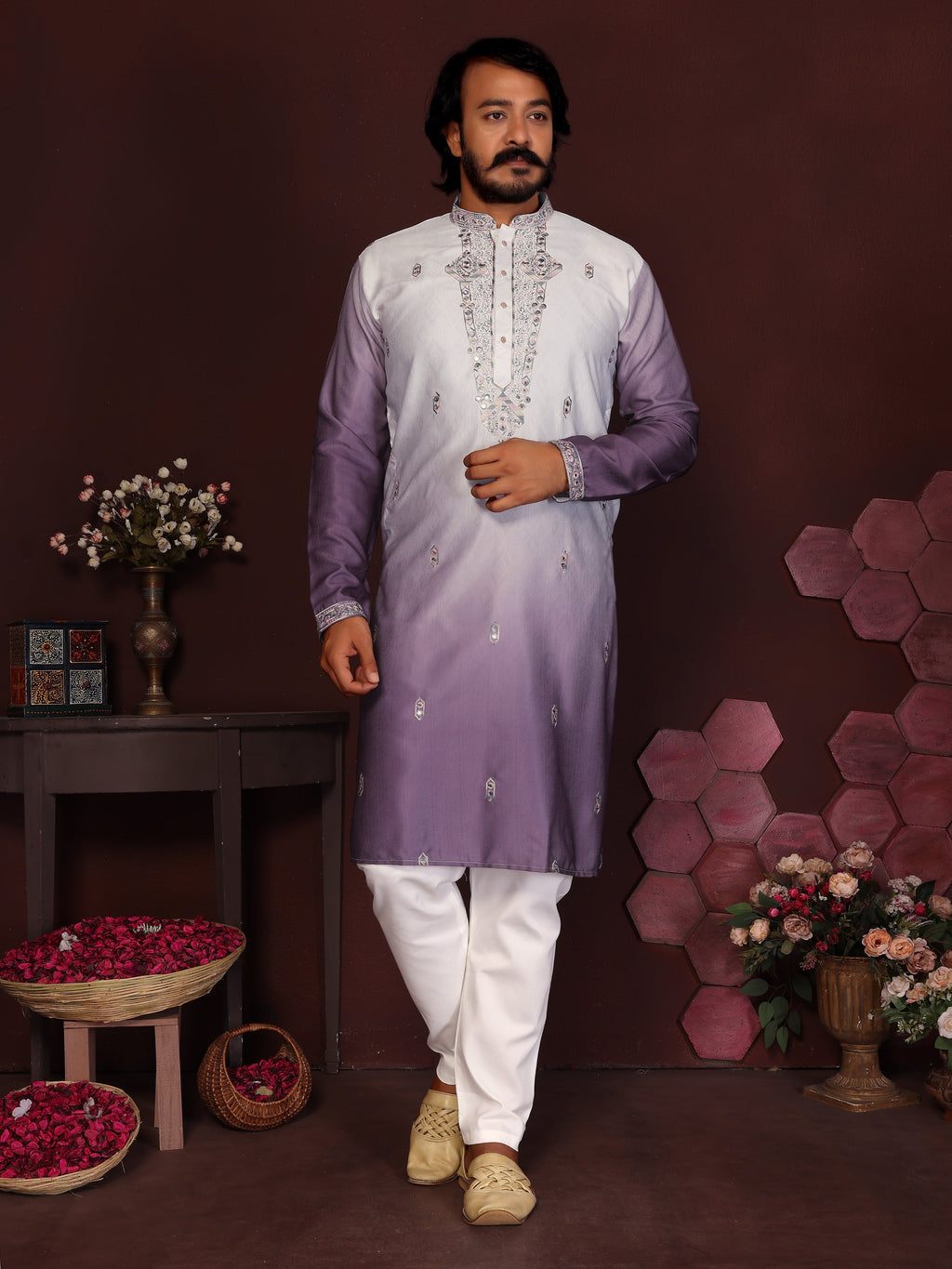 Jyoti Fashion Men's Jamuni Sequins Embroidered Kurta with Pajama