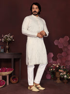 Jyoti Fashion Men's White Mirror Embroidery Kurta with Pajama