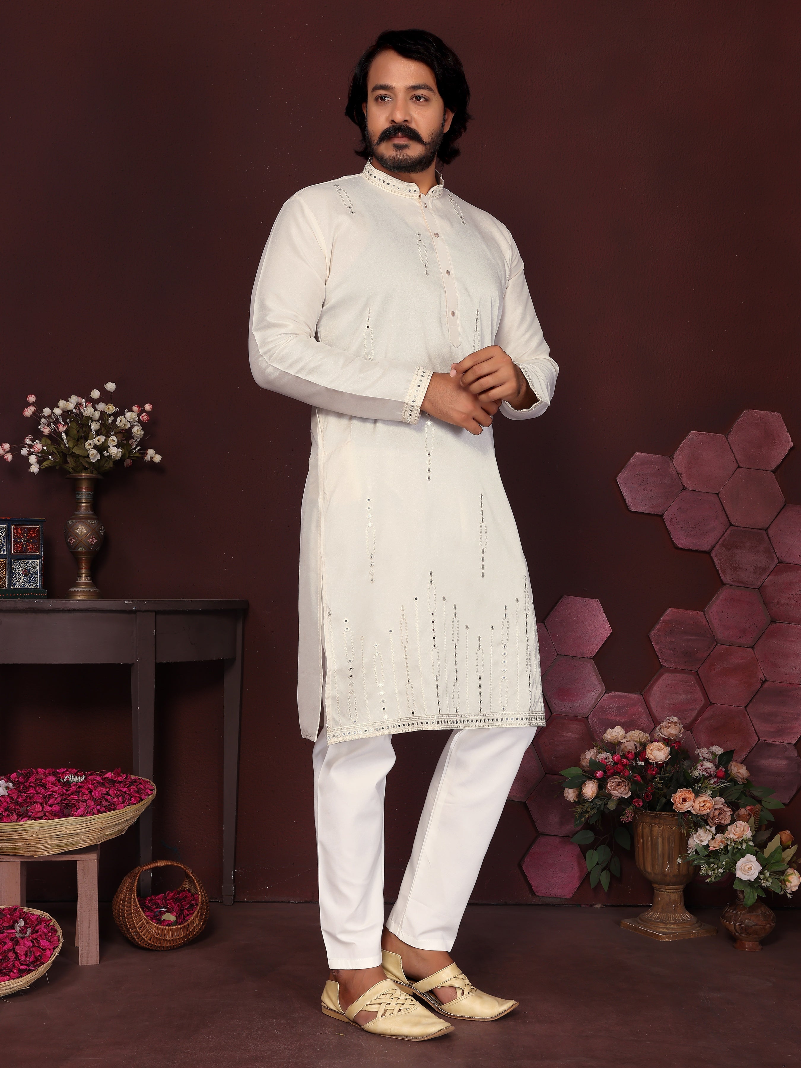 Jyoti Fashion Men's White Mirror Embroidery Kurta with Pajama