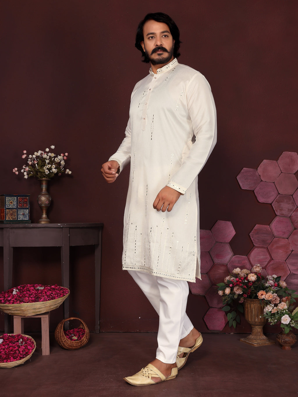 Jyoti Fashion Men's White Mirror Embroidery Kurta with Pajama