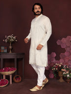 Jyoti Fashion Men's White Mirror Embroidery Kurta with Pajama