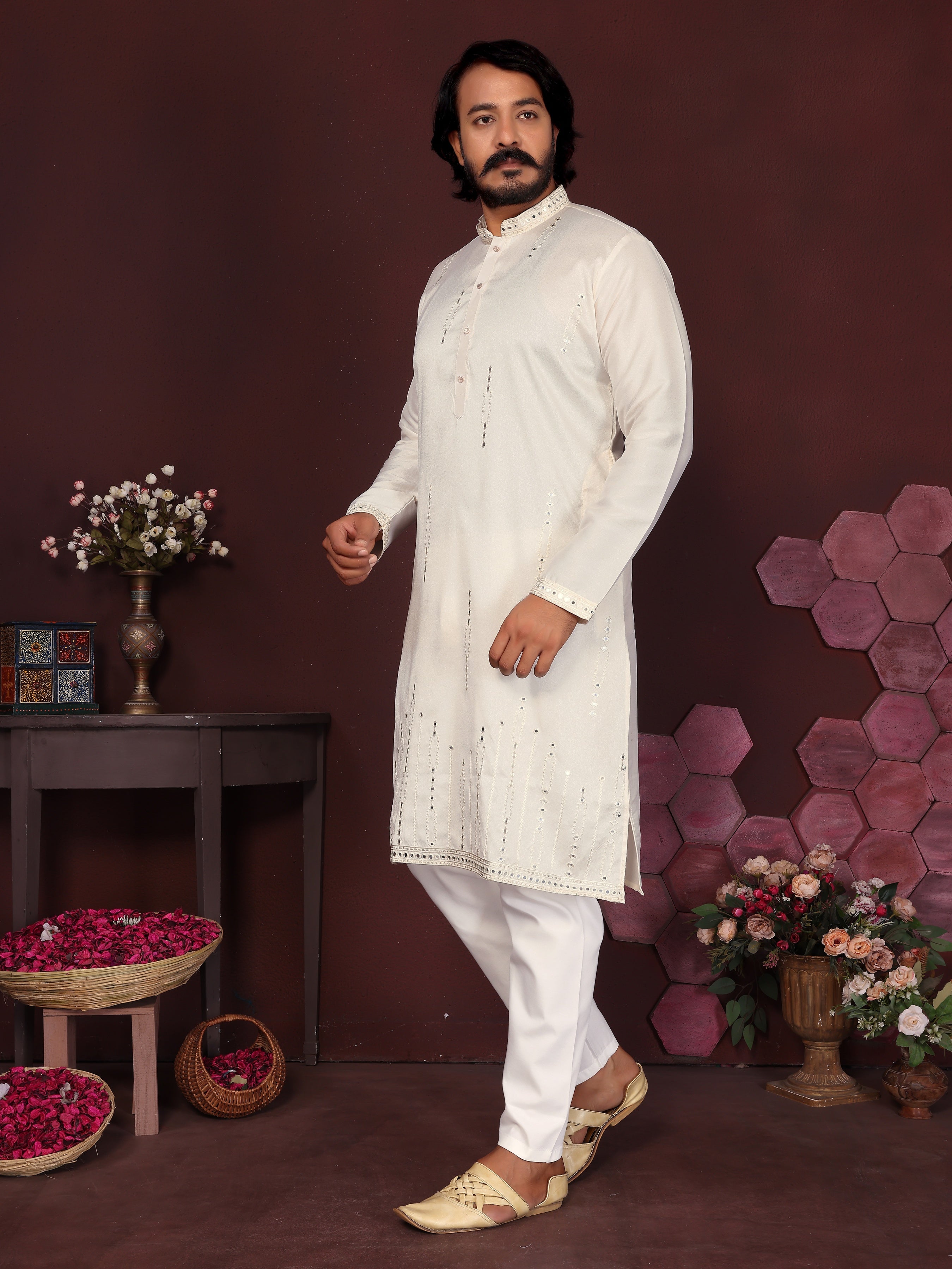 Jyoti Fashion Men's White Mirror Embroidery Kurta with Pajama