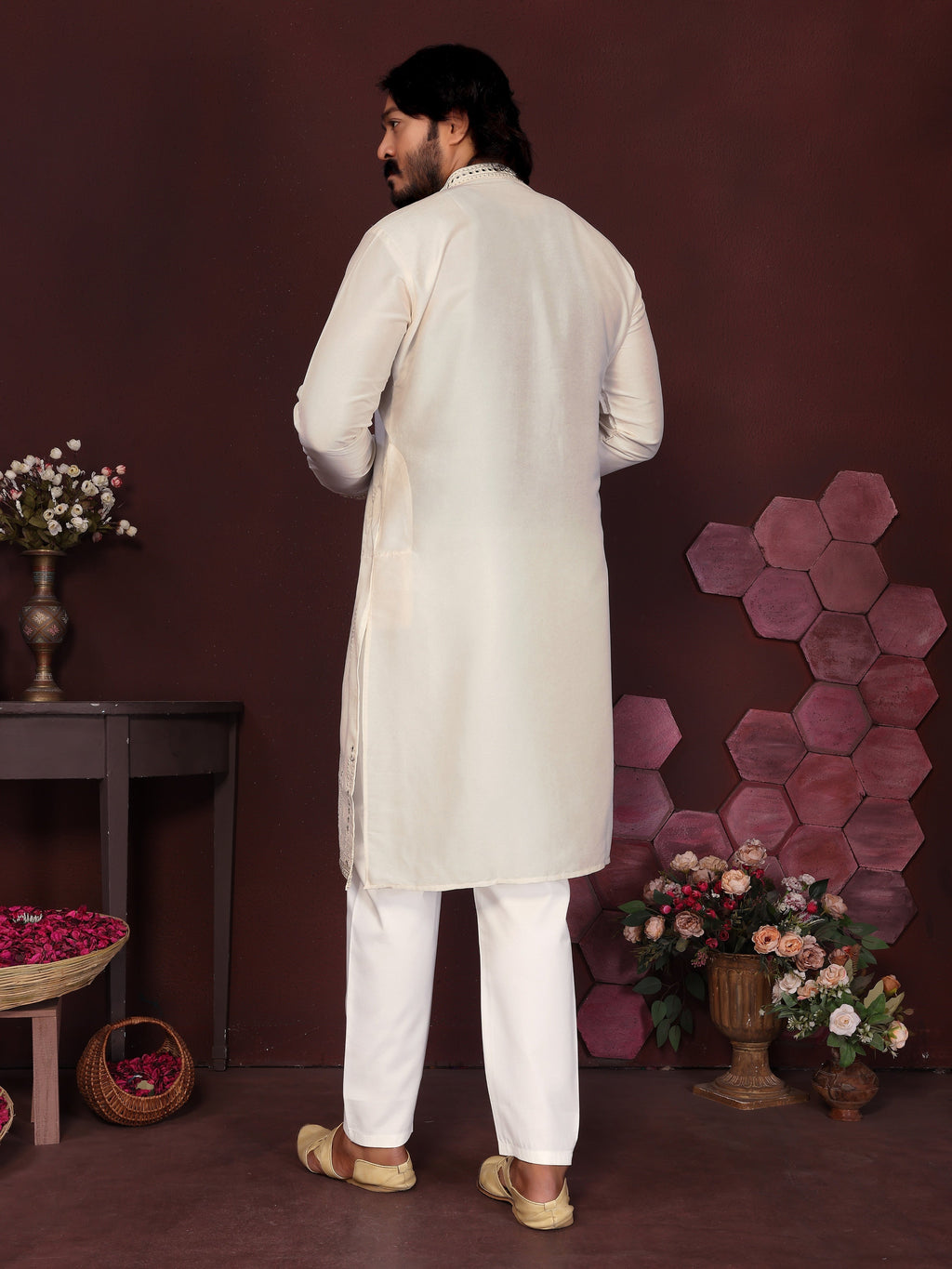 Jyoti Fashion Men's White Mirror Embroidery Kurta with Pajama