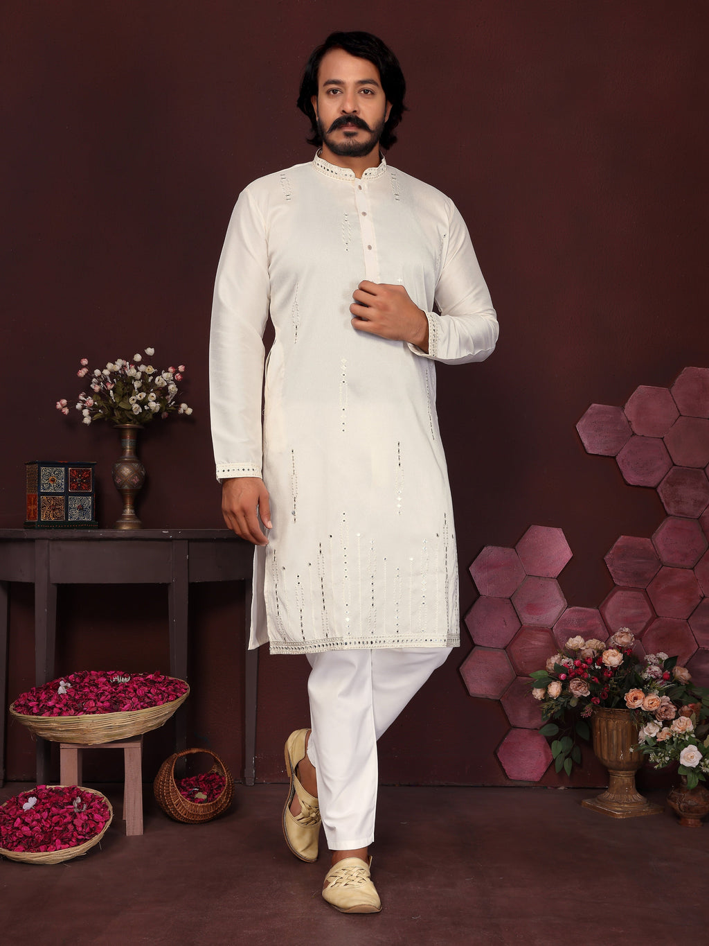 Jyoti Fashion Men's White Mirror Embroidery Kurta with Pajama