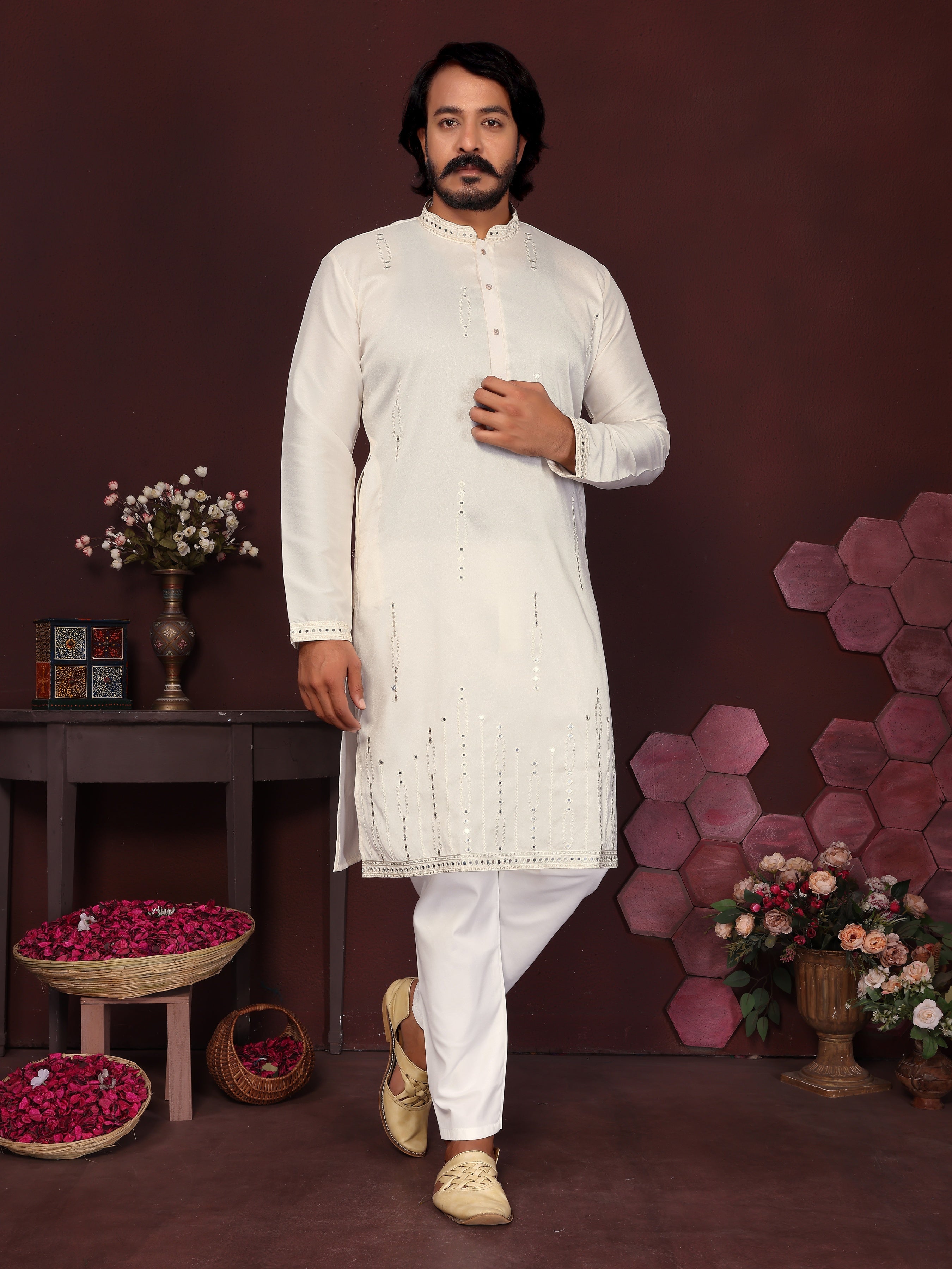 Jyoti Fashion Men's White Mirror Embroidery Kurta with Pajama