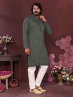 Jyoti Fashion Men's Green Mirror Embroidery Kurta with Pajama