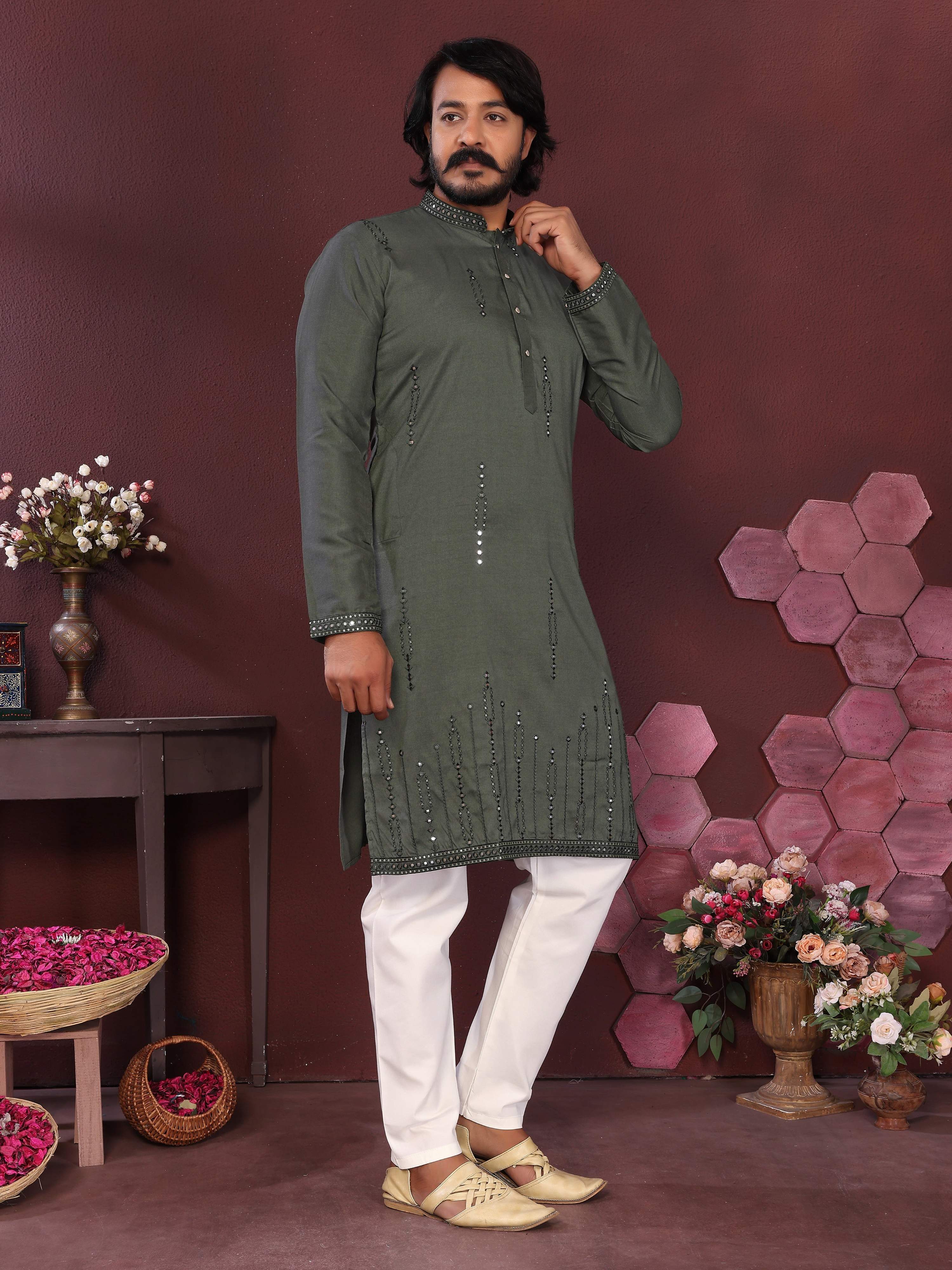 Jyoti Fashion Men's Green Mirror Embroidery Kurta with Pajama