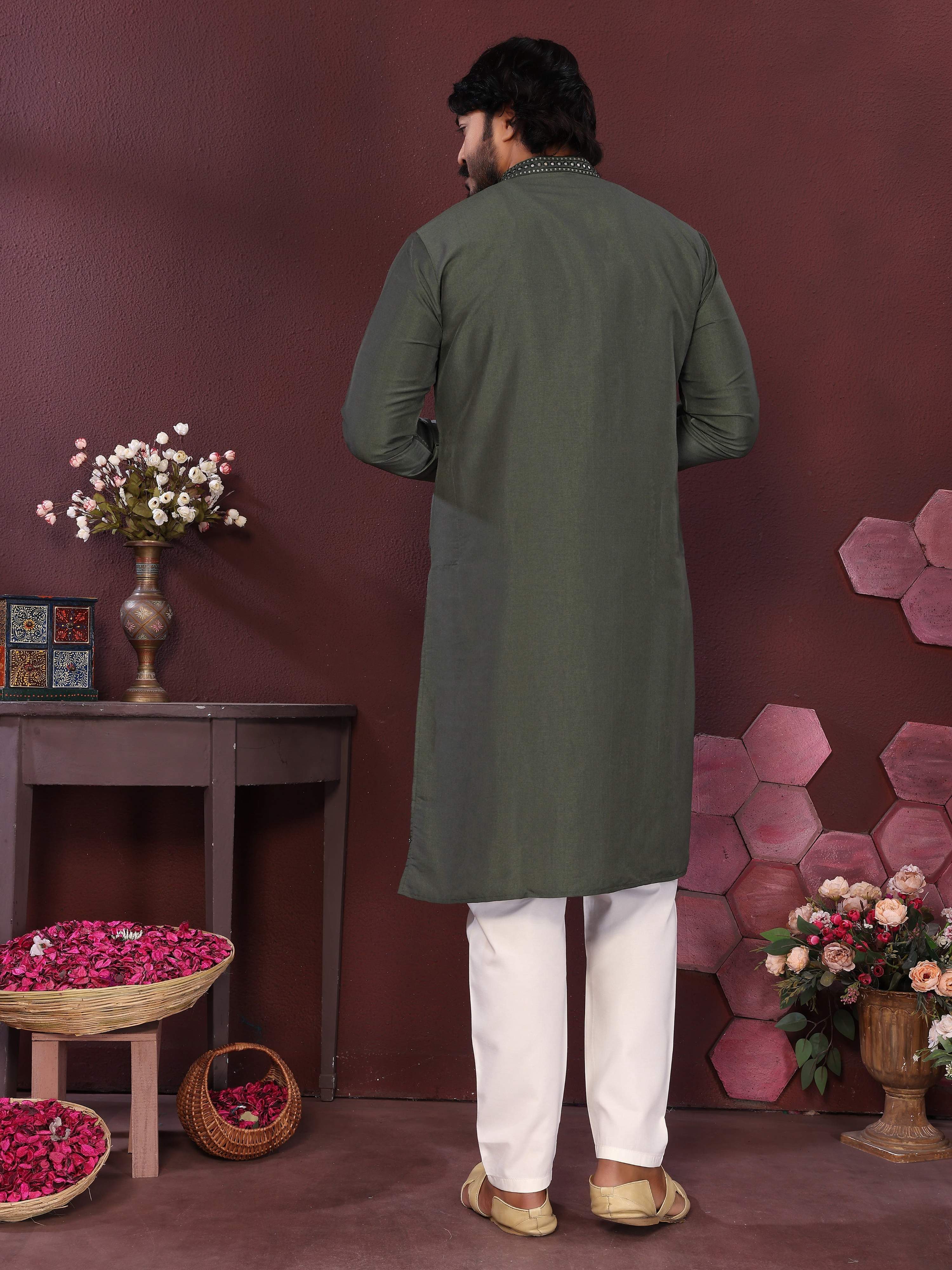 Jyoti Fashion Men's Green Mirror Embroidery Kurta with Pajama