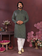 Jyoti Fashion Men's Green Mirror Embroidery Kurta with Pajama