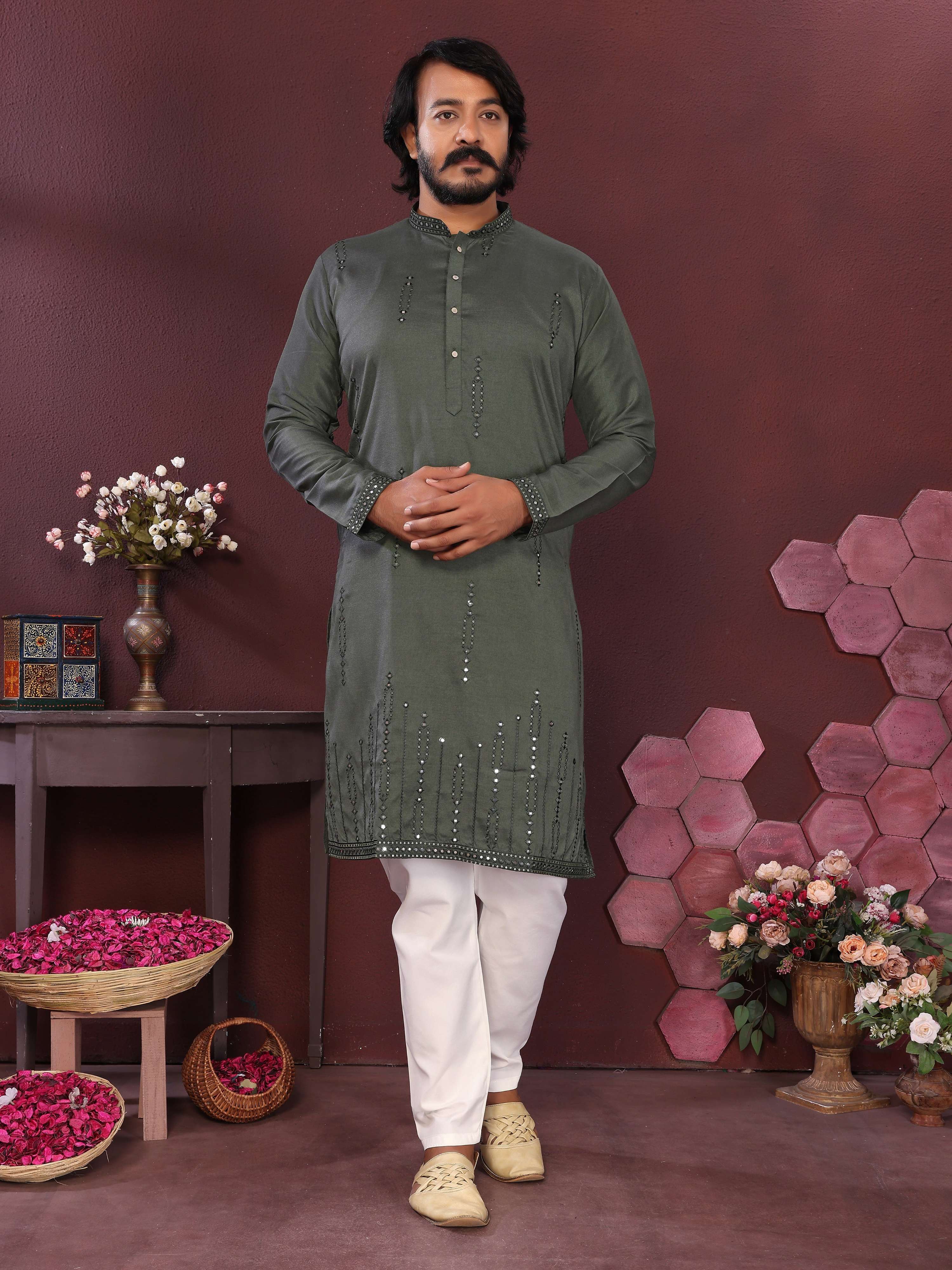 Jyoti Fashion Men's Green Mirror Embroidery Kurta with Pajama