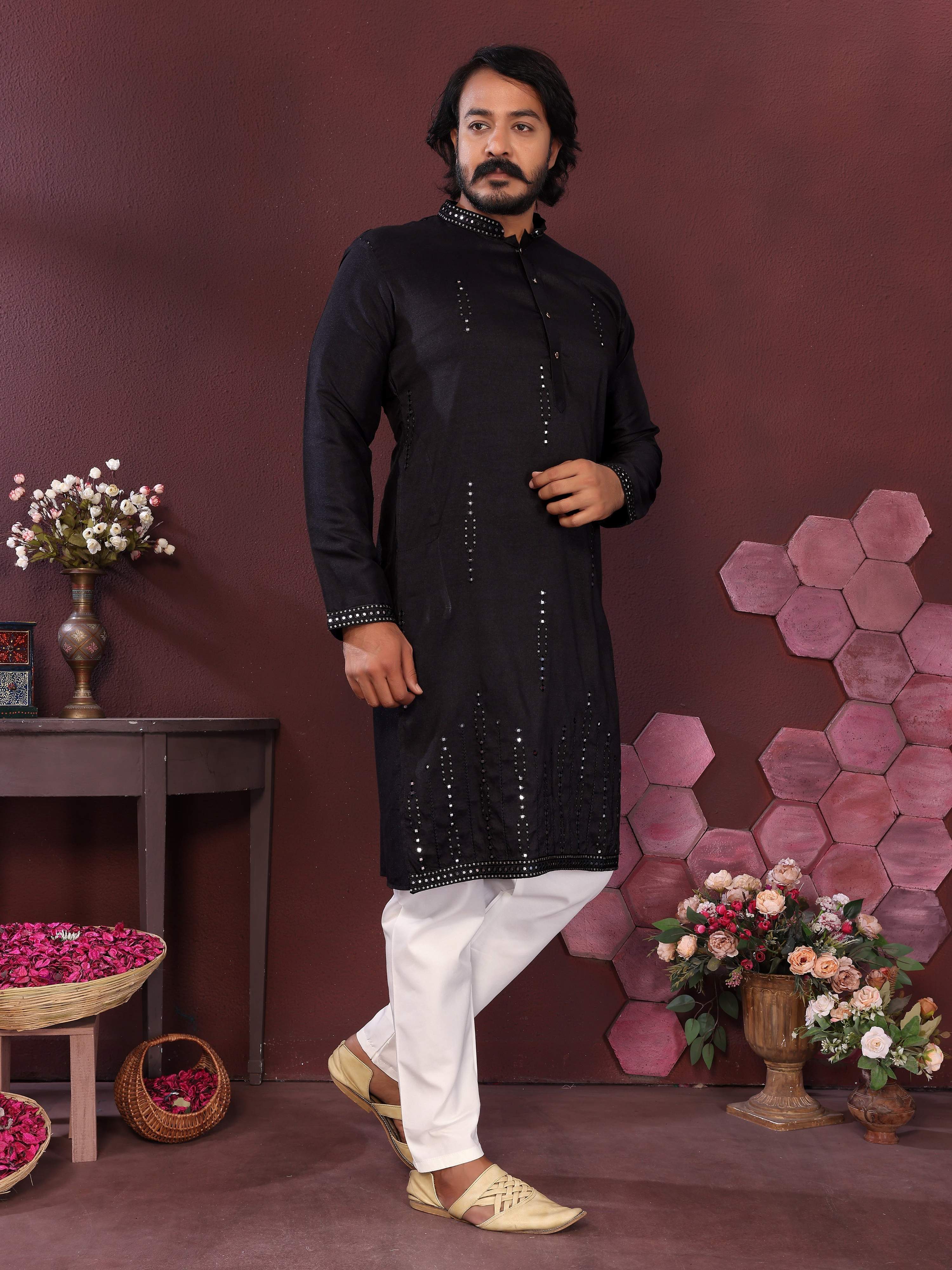 Jyoti Fashion Men's Black Mirror Embroidery Kurta with Pajama