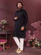 Jyoti Fashion Men's Black Mirror Embroidery Kurta with Pajama