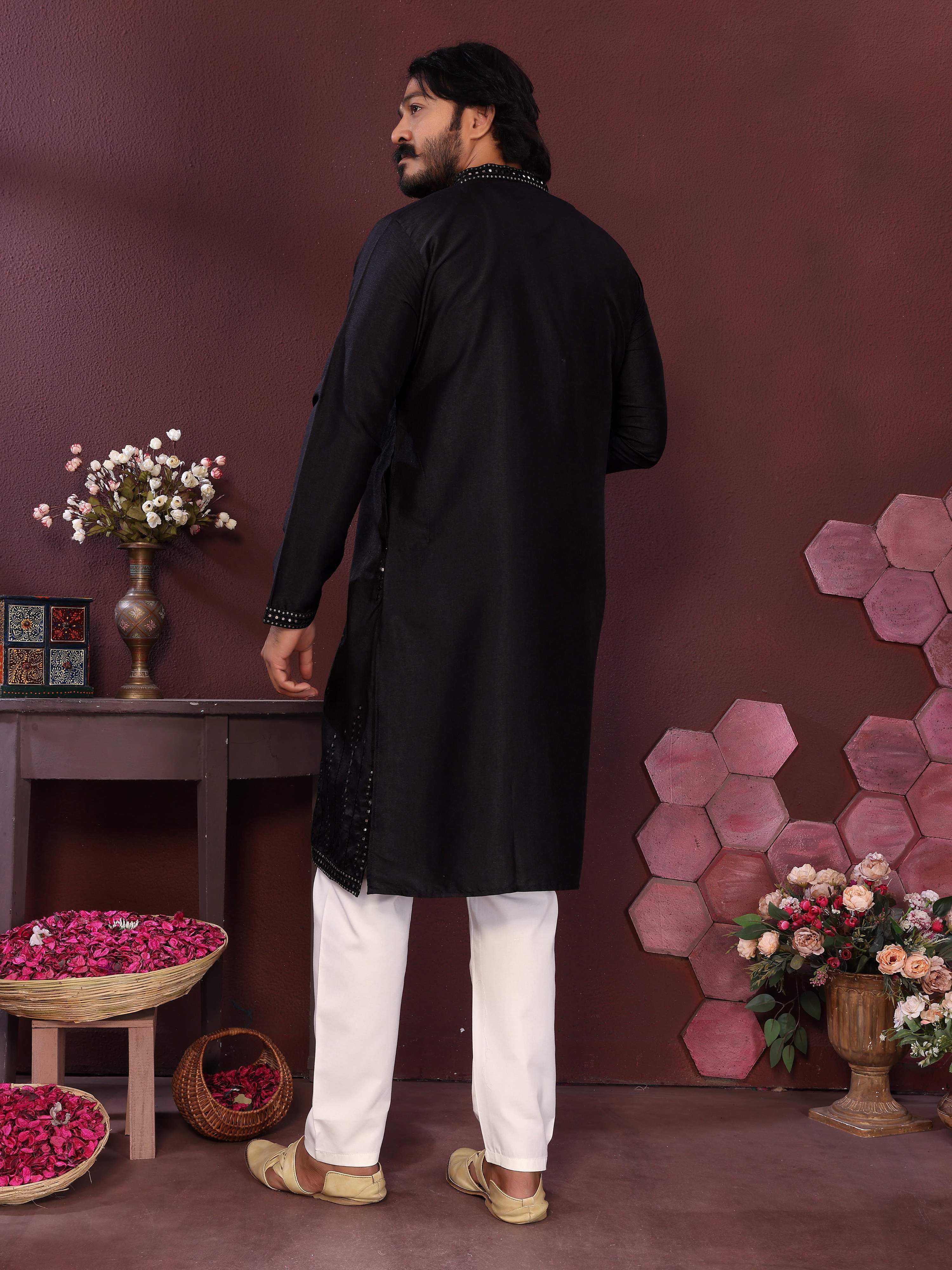 Jyoti Fashion Men's Black Mirror Embroidery Kurta with Pajama