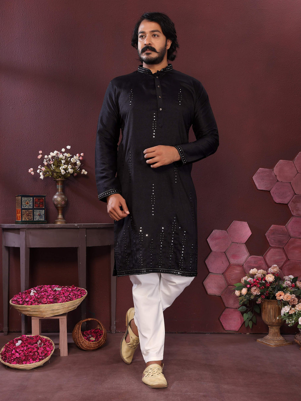 Jyoti Fashion Men's Black Mirror Embroidery Kurta with Pajama