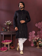 Jyoti Fashion Men's Black Mirror Embroidery Kurta with Pajama