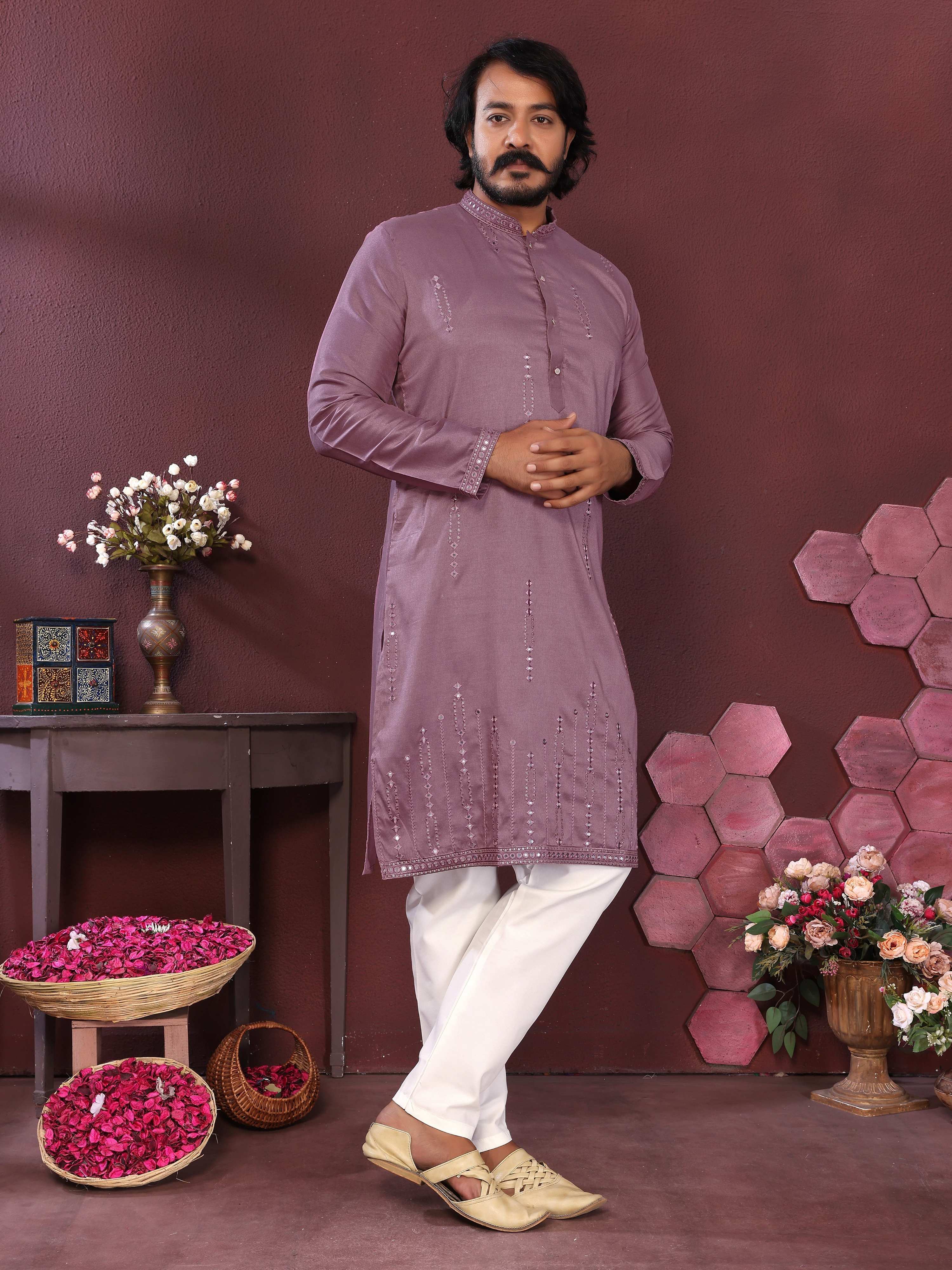 Jyoti Fashion Men's Purple Mirror Embroidery Kurta with Pajama