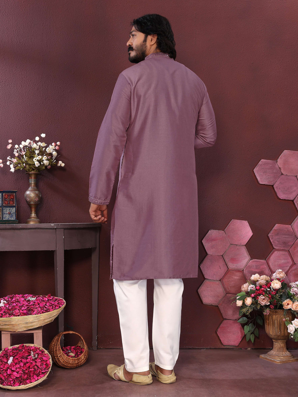 Jyoti Fashion Men's Purple Mirror Embroidery Kurta with Pajama