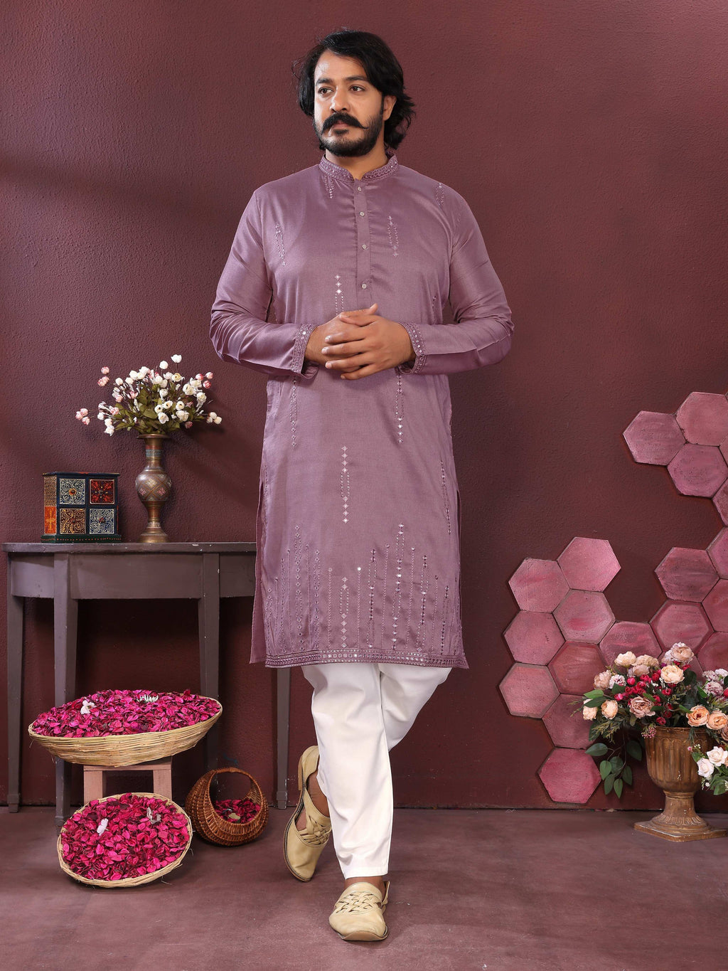 Jyoti Fashion Men's Purple Mirror Embroidery Kurta with Pajama
