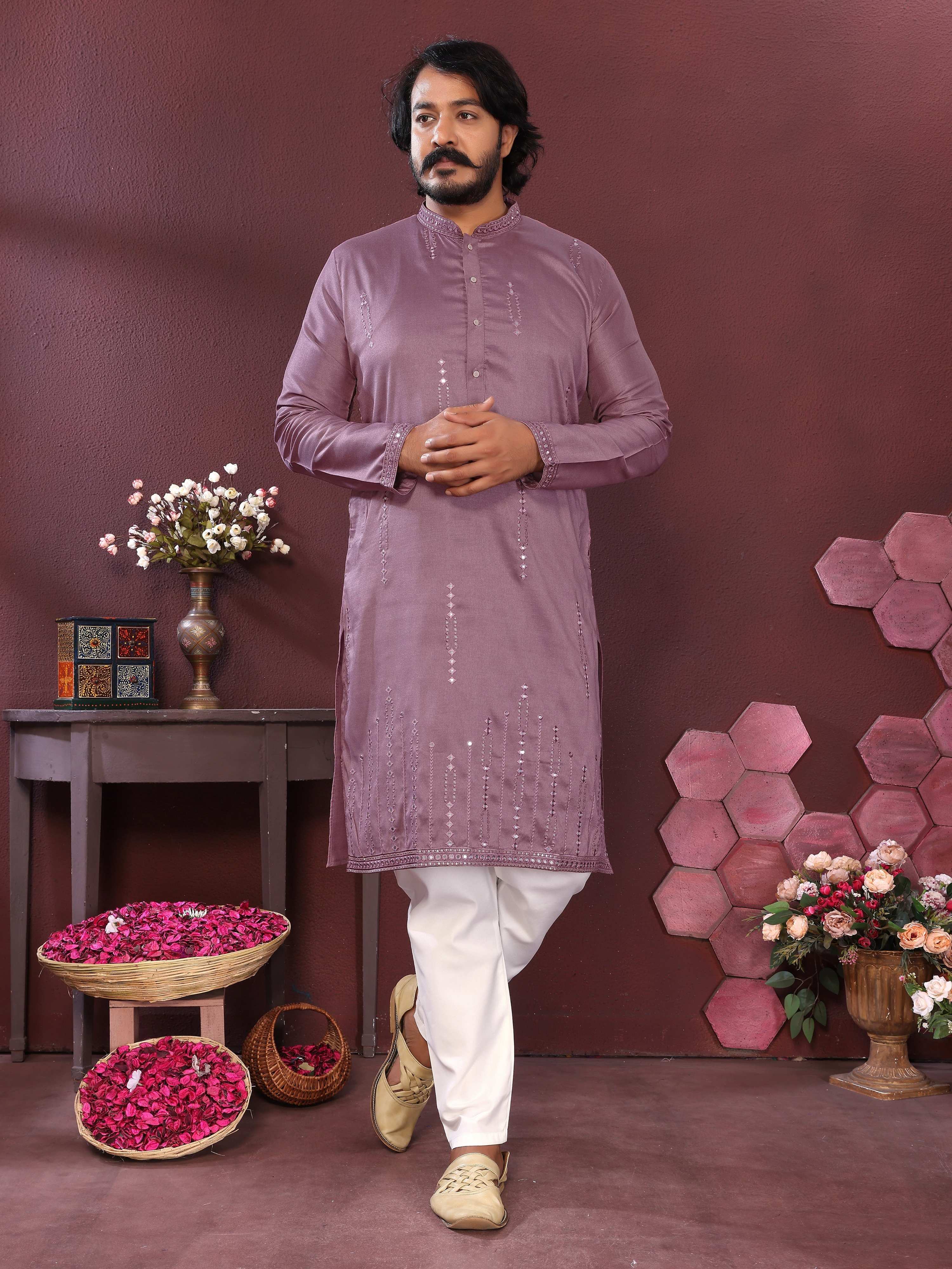 Jyoti Fashion Men's Purple Mirror Embroidery Kurta with Pajama
