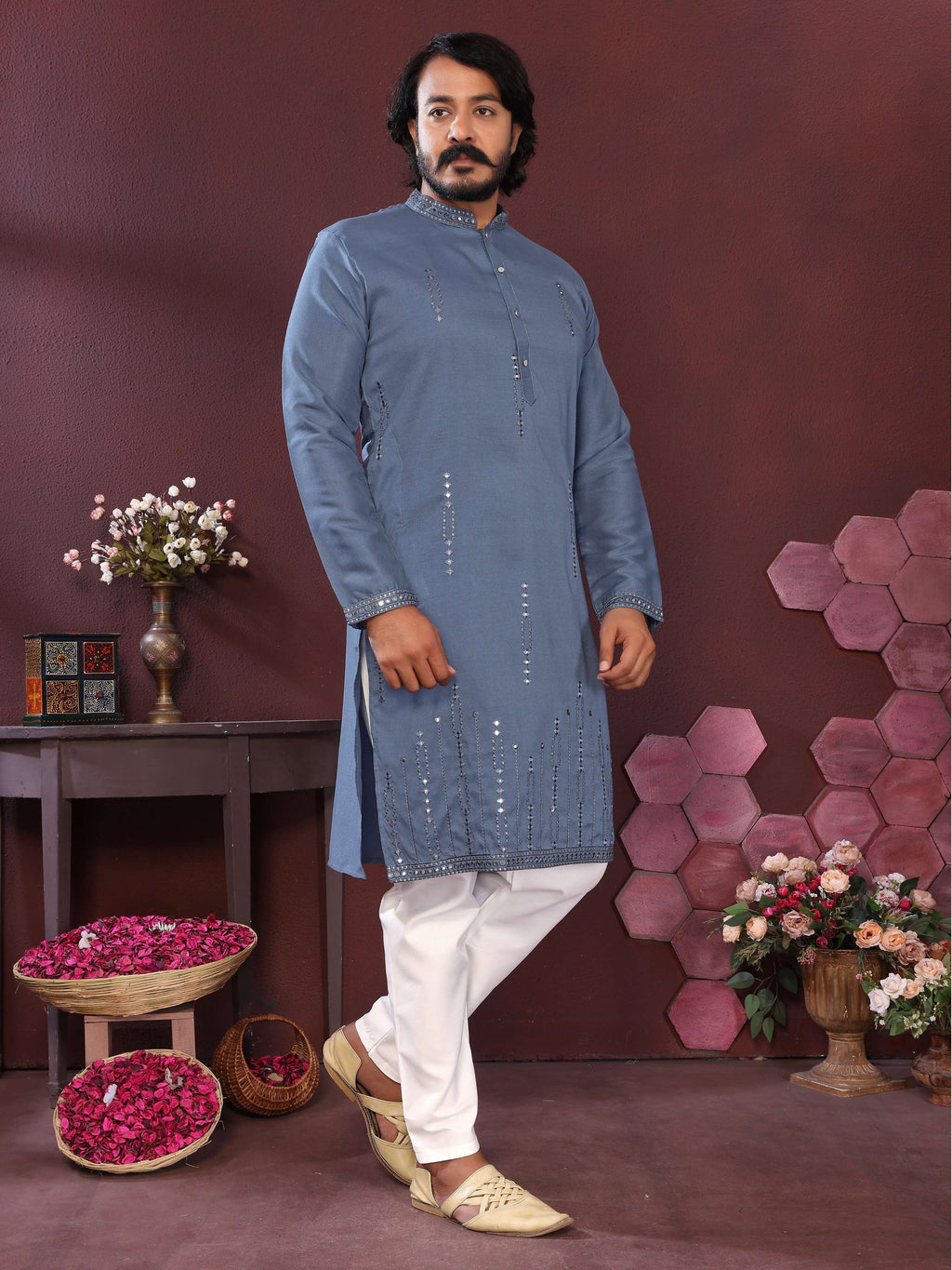 Jyoti Fashion Men's Blue Mirror Embroidery Kurta with Pajama
