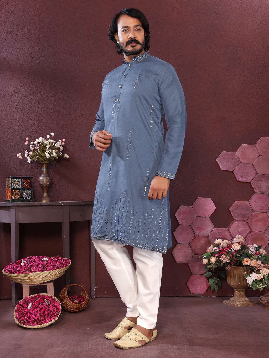 Jyoti Fashion Men's Blue Mirror Embroidery Kurta with Pajama