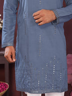 Jyoti Fashion Men's Blue Mirror Embroidery Kurta with Pajama