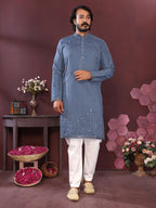 Jyoti Fashion Men's Blue Mirror Embroidery Kurta with Pajama