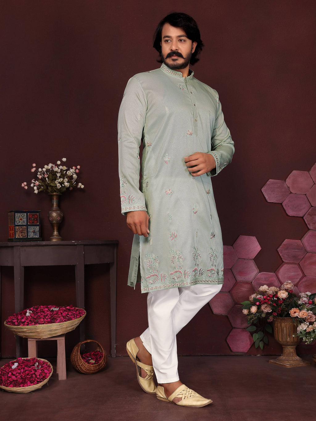 Jyoti Fashion Men's Grey Sequins Embroidered Kurta with Pajama
