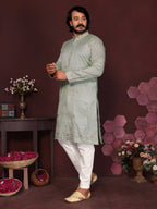 Jyoti Fashion Men's Grey Sequins Embroidered Kurta with Pajama