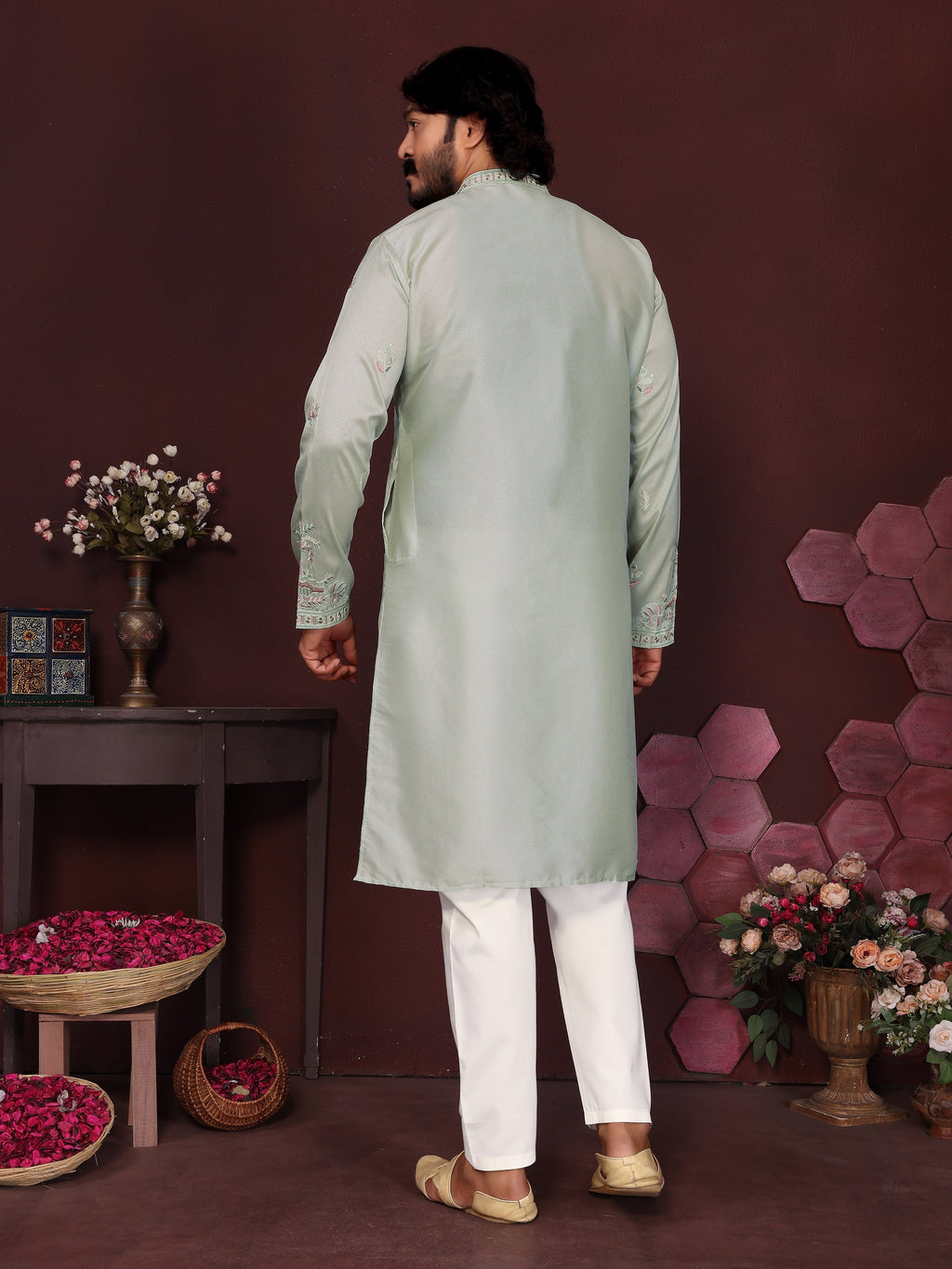 Jyoti Fashion Men's Grey Sequins Embroidered Kurta with Pajama