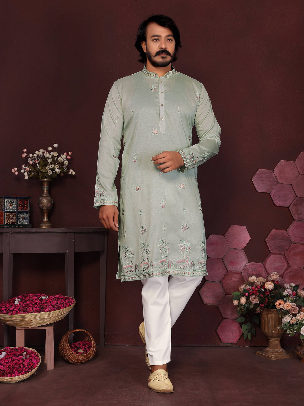 Jyoti Fashion Men's Grey Sequins Embroidered Kurta with Pajama