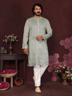 Jyoti Fashion Men's Grey Sequins Embroidered Kurta with Pajama
