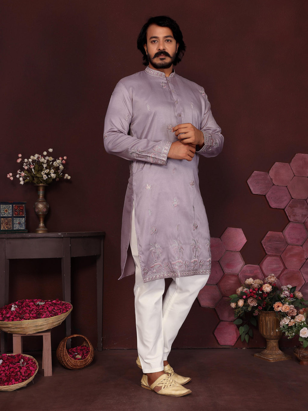 Jyoti Fashion Men's Purple Sequins Embroidered Kurta with Pajama