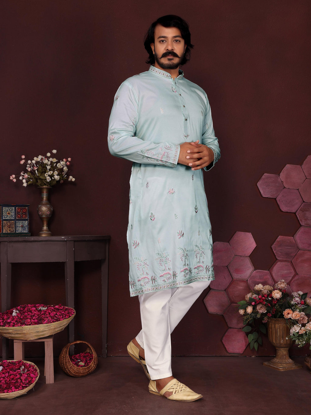 Jyoti Fashion Men's Turquoise Sequins Embroidered Kurta with Pajama