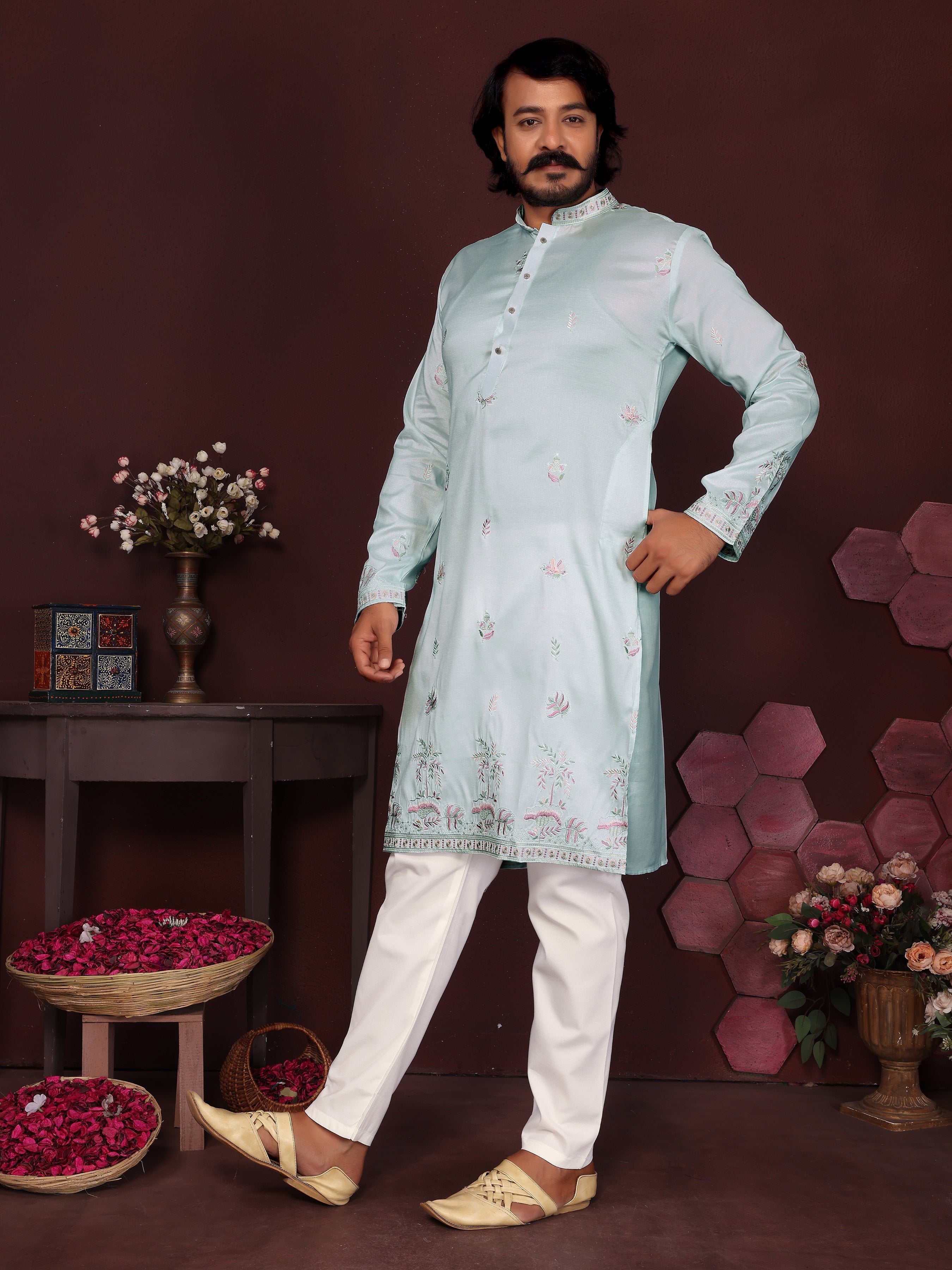 Jyoti Fashion Men's Turquoise Sequins Embroidered Kurta with Pajama
