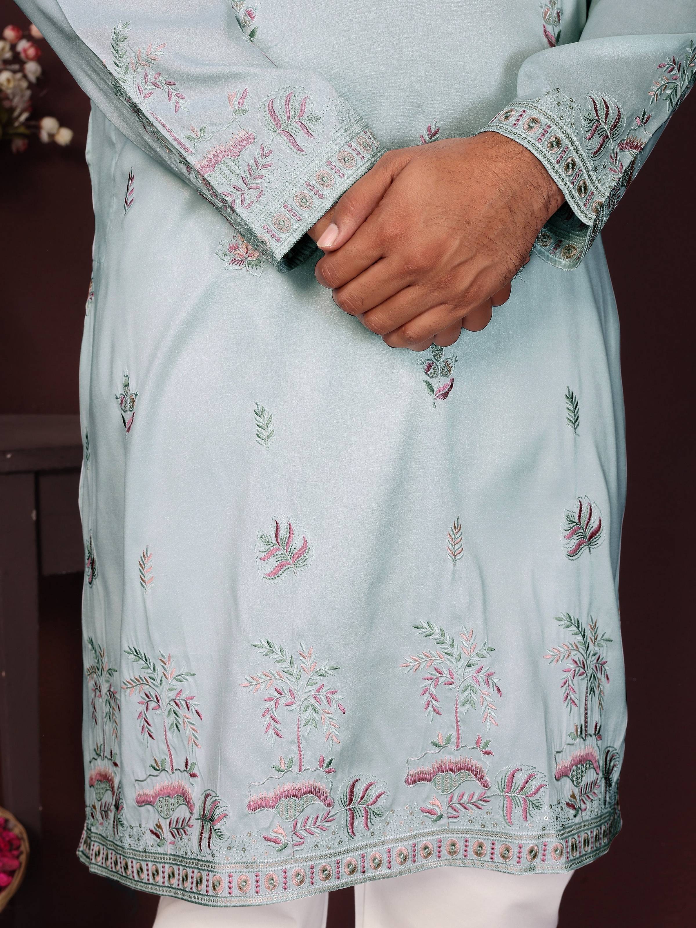 Jyoti Fashion Men's Turquoise Sequins Embroidered Kurta with Pajama