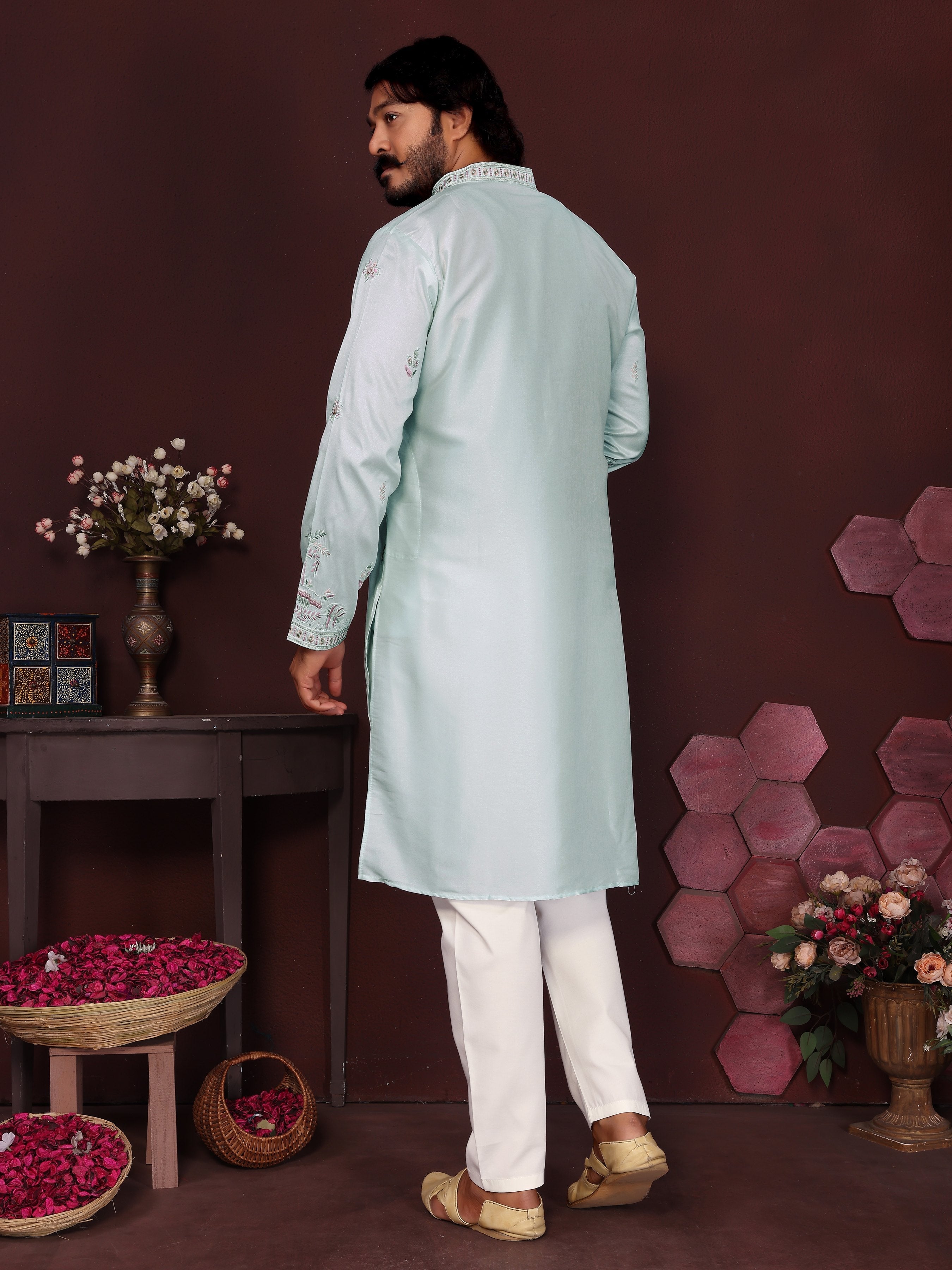 Jyoti Fashion Men's Turquoise Sequins Embroidered Kurta with Pajama