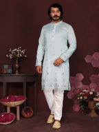 Jyoti Fashion Men's Turquoise Sequins Embroidered Kurta with Pajama