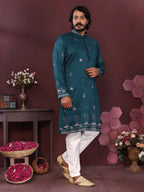 Jyoti Fashion Men's Teal Sequins Embroidered Kurta with Pajama